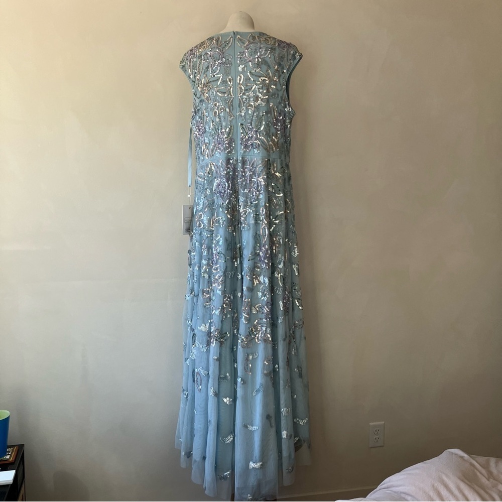Mac Duggal | Sequined High Neck Baby Blue Cap Sleeve A Line Gown Plus Size - Picture 9 of 15